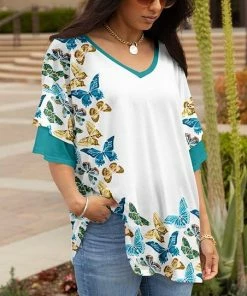 Lily | Turquoise & White Butterfly V-Neck Ruffle-Sleeve Tunic - Women