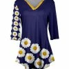 Lily | Navy & Yellow Floral V-Neck Three-Quarter Sleeve Tunic - Women