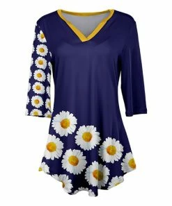 Lily | Navy & Yellow Floral V-Neck Three-Quarter Sleeve Tunic - Women