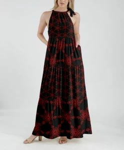 Lily | Red & Black Abstract Floral Tiered Tie-Neck Halter Maxi Dress - Women