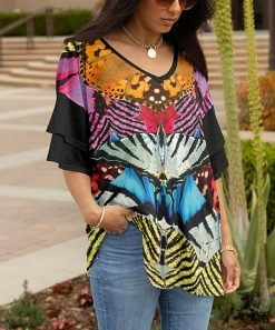 Lily | Black & Pink Butterfly Ruffle-Sleeve V-Neck Tunic - Women