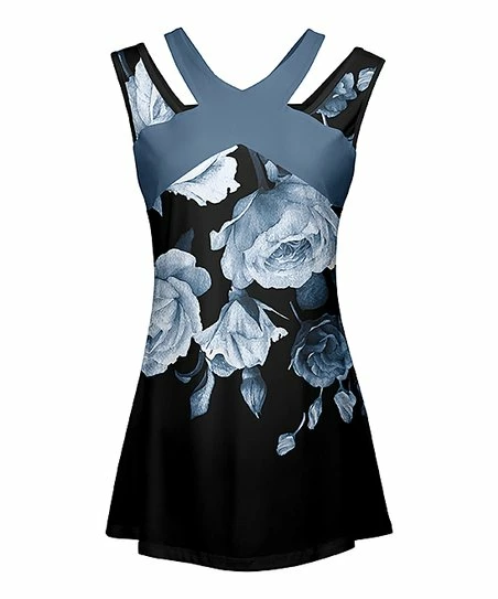 Lily | Teal & Black Floral Cutout Sleeveless Tunic - Women 1 Lily | Teal & Black Floral Cutout Sleeveless Tunic - Women