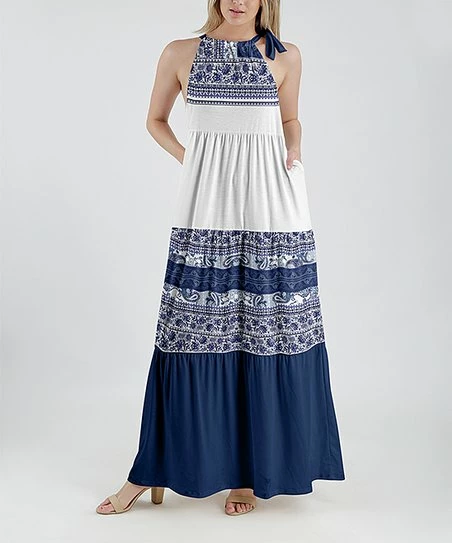 Lily | Navy & White Paisley Tiered Halter Maxi Dress - Plus 1 Lily | Navy & White Paisley Tiered Halter Maxi Dress - Plus