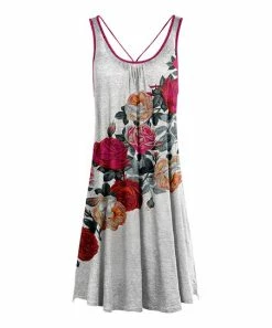 Lily | Gray & Red Floral Sleeveless Strappy Dress - Women