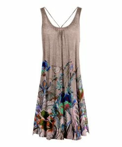 Lily | Beige & Blue Floral Pleated Crisscross-Back Sleeveless Dress - Women