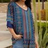 Lily | Blue & Teal Geometric Layered-Sleeve V-Neck Tunic - Women