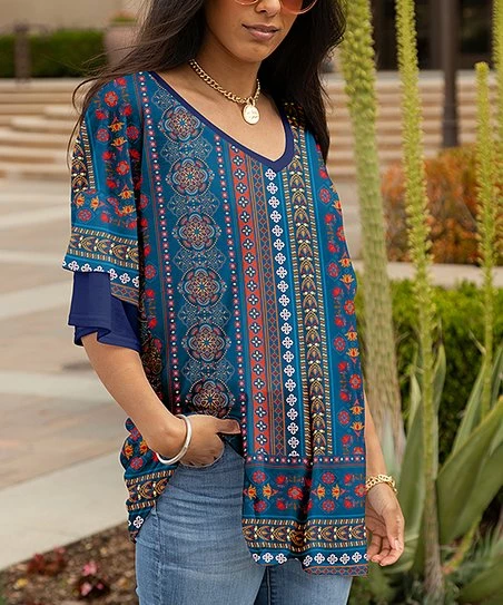 Lily | Blue & Teal Geometric Layered-Sleeve V-Neck Tunic - Women 1 Lily | Blue & Teal Geometric Layered-Sleeve V-Neck Tunic - Women