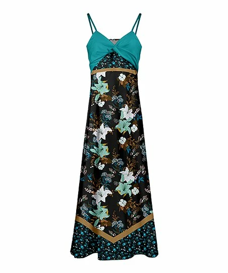 Lily | Black & Turquoise Floral Empire-Waist Maxi Dress - Plus 1 Lily | Black & Turquoise Floral Empire-Waist Maxi Dress - Plus