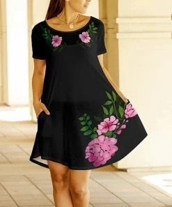 Lily | Black & Pink Floral Pocket Shift Dress - Women
