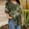 Lily | Green & Brown Script Floral Ruffle-Sleeve V-Neck Tunic - Women & Plus
