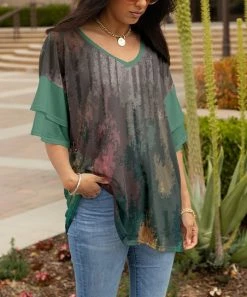 Lily | Taupe & Turquoise Abstract V-Neck Tunic - Women
