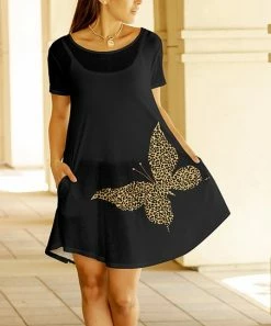 Lily | Black Leopard-Fill Butterfly Pocket Shift Dress - Plus