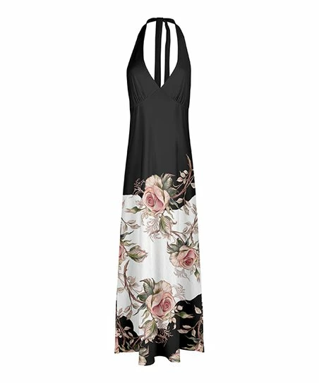 Lily | Black & Rose Floral Halter Dress - Women 1 Lily | Black & Rose Floral Halter Dress - Women