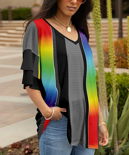 Lily | Black & Rainbow Stripe Layered-Sleeve V-Neck Tunic - Women 1 Lily | Black & Rainbow Stripe Layered-Sleeve V-Neck Tunic - Women