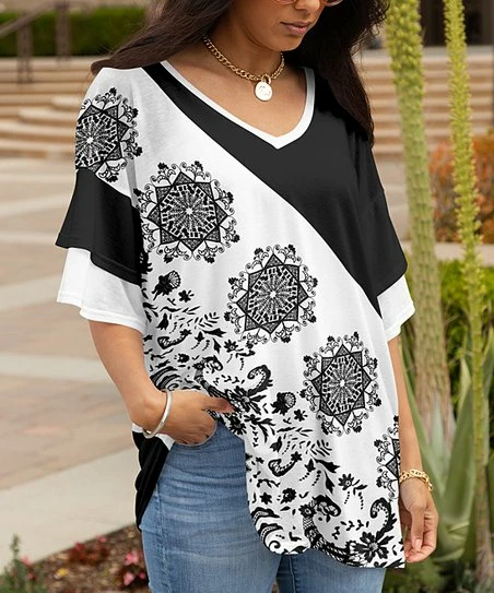 Lily | Black & White Medallion-Contrast Layered-Sleeve V-Neck Tunic - Women 1 Lily | Black & White Medallion-Contrast Layered-Sleeve V-Neck Tunic - Women