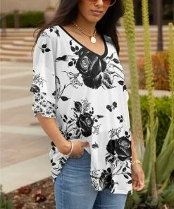 Lily | Black & White Rose V-Neck Ruffle Sleeve Tunic - Plus