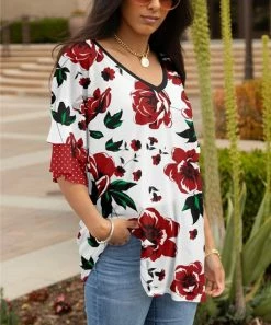 Lily | White & Red Rose V-Neck Ruffle Sleeve Tunic - Women