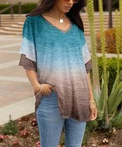 Lily | Teal & Mocha Heather Ombré Tiered-Sleeve V-Neck Tunic - Women & Plus