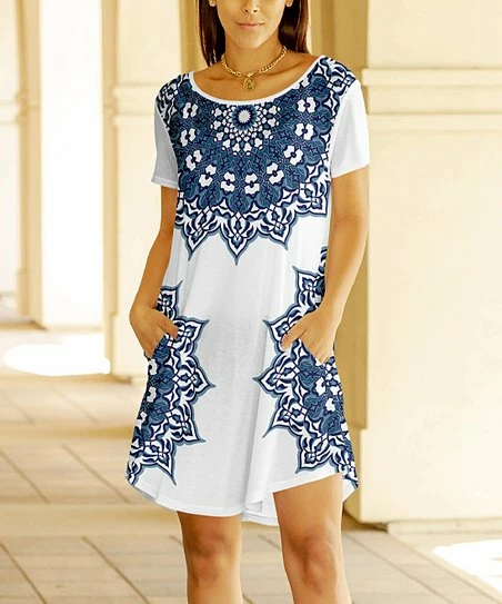 Lily | Blue & White Geometric Pocket Boatneck Shift Dress - Plus 1 Lily | Blue & White Geometric Pocket Boatneck Shift Dress - Plus