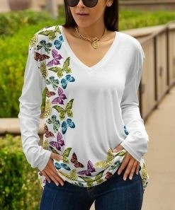 Lily | White Multicolor Butterflies Long-Sleeve V-Neck Tunic - Women