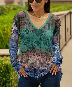 Lily | Teal & Blue Mandala V-Neck Long-Sleeve Tunic - Women