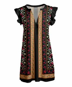 Lily | Black & Brown Floral Stripe Notch Neck Flutter Sleeve Tunic - Plus