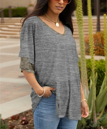 Lily | Gray & Brown Heather V-Neck Ruffle Sleeve Tunic - Women 1 Lily | Gray & Brown Heather V-Neck Ruffle Sleeve Tunic - Women