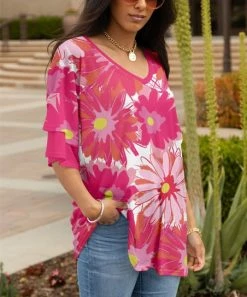 Lily | Pink Daisy V-Neck Ruffle Sleeve Tunic - Plus