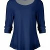 Lily | Dark Blue Shirred-Sleeve Boatneck Top - Women