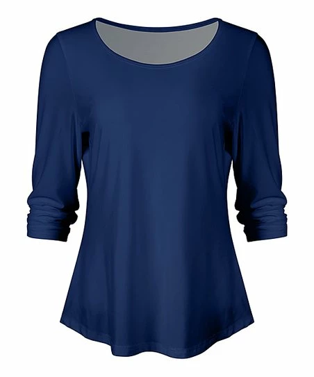 Lily | Dark Blue Shirred-Sleeve Boatneck Top - Women 1 Lily | Dark Blue Shirred-Sleeve Boatneck Top - Women