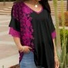 Lily | Black & Fuchsia Floral Tiered-Sleeve V-Neck Tunic - Women