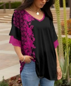Lily | Black & Fuchsia Floral Tiered-Sleeve V-Neck Tunic - Women