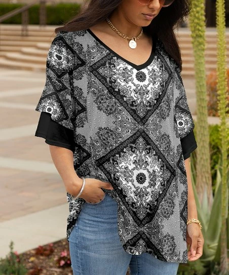 Lily | Gray & Black Arabesque V-Neck Ruffle-Sleeve Tunic - Women 1 Lily | Gray & Black Arabesque V-Neck Ruffle-Sleeve Tunic - Women