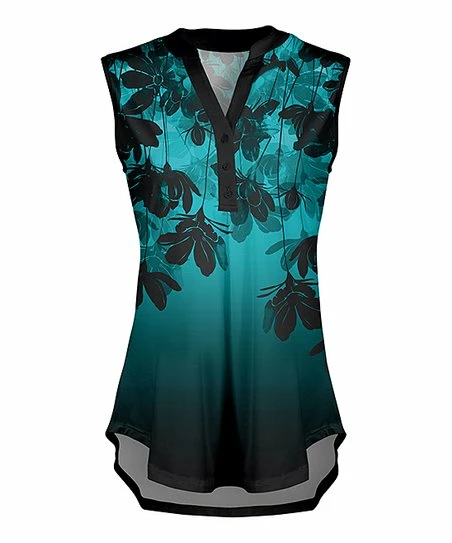Lily | Black & Turquoise Floral Button-Front Sleeveless Tunic - Plus 1 Lily | Black & Turquoise Floral Button-Front Sleeveless Tunic - Plus