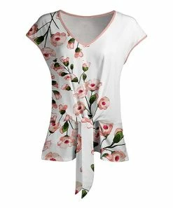 Lily | Pink & White Floral Front-Tie V-Neck Tunic - Women