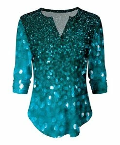 Lily | Teal & Turquoise Glitter-Print Notch-Neck Top - Plus