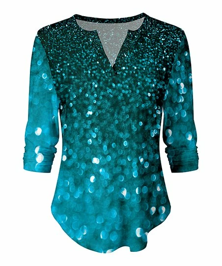 Lily | Teal & Turquoise Glitter-Print Notch-Neck Top - Plus 1 Lily | Teal & Turquoise Glitter-Print Notch-Neck Top - Plus