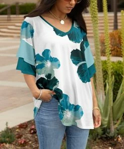 Lily | Teal & White Floral V-Neck Ruffle-Sleeve Tunic - Plus