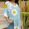 Lily | Aqua & Yellow Dot Floral V-Neck Ruffle-Sleeve Tunic - Plus