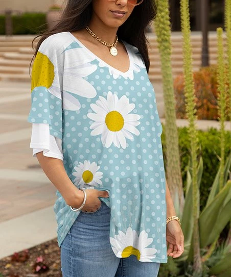 Lily | Aqua & Yellow Dot Floral V-Neck Ruffle-Sleeve Tunic - Plus 1 Lily | Aqua & Yellow Dot Floral V-Neck Ruffle-Sleeve Tunic - Plus