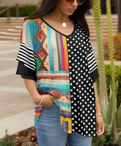 Lily | Black & Blue Geometric Dot Patchwork Ruffle-Sleeve V-Neck Tunic - Women & Plus