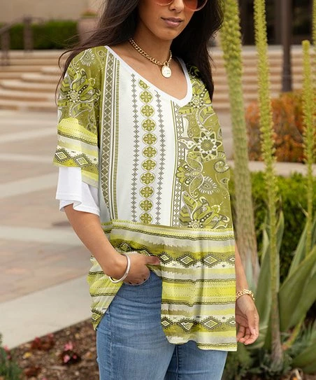 Lily | Yellow & White Geometric Ruffle-Sleeve V-Neck Tunic - Women & Plus 1 Lily | Yellow & White Geometric Ruffle-Sleeve V-Neck Tunic - Women & Plus