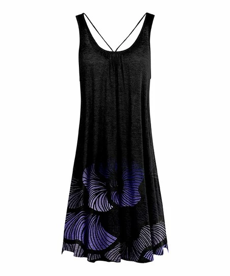 Lily | Black & Purple Abstract Floral Strap-Accent Sleeveless Dress - Women 1 Lily | Black & Purple Abstract Floral Strap-Accent Sleeveless Dress - Women