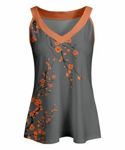 Lily | Gray & Orange Floral Branches Yoke Tank - Women