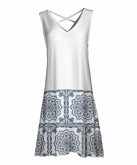 Lily | Navy & White Medallion Crisscross-Back Sleeveless Dress - Women 1 Lily | Navy & White Medallion Crisscross-Back Sleeveless Dress - Women