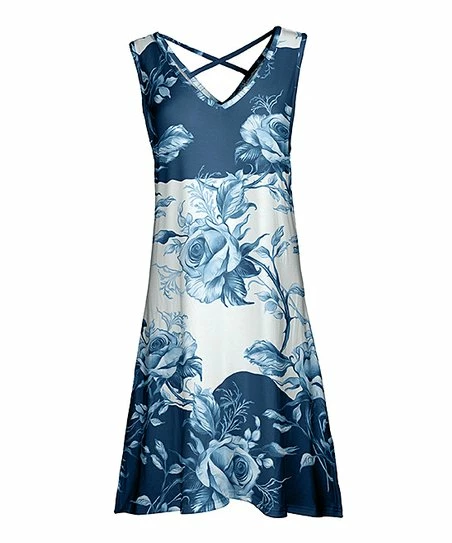 Lily | Blue & White Floral Crisscross-Back Sleeveless Dress - Women 1 Lily | Blue & White Floral Crisscross-Back Sleeveless Dress - Women