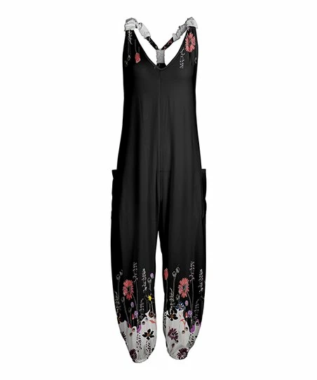 Lily | Black & Pink Floral Pocket Racerback Harem Jumpsuit - Women 1 Lily | Black & Pink Floral Pocket Racerback Harem Jumpsuit - Women