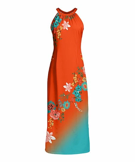 Lily | Orange & Turquoise Floral Sleeveless High-Neck Maxi Dress - Women 1 Lily | Orange & Turquoise Floral Sleeveless High-Neck Maxi Dress - Women