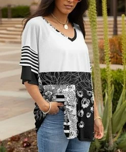 Lily | Black & White Floral Color Block Layer-Sleeve Tunic - Women