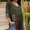 Lily | Olive & Red Mixed Print Layered Three-Quarter Sleeve V-Neck Tunic - Plus